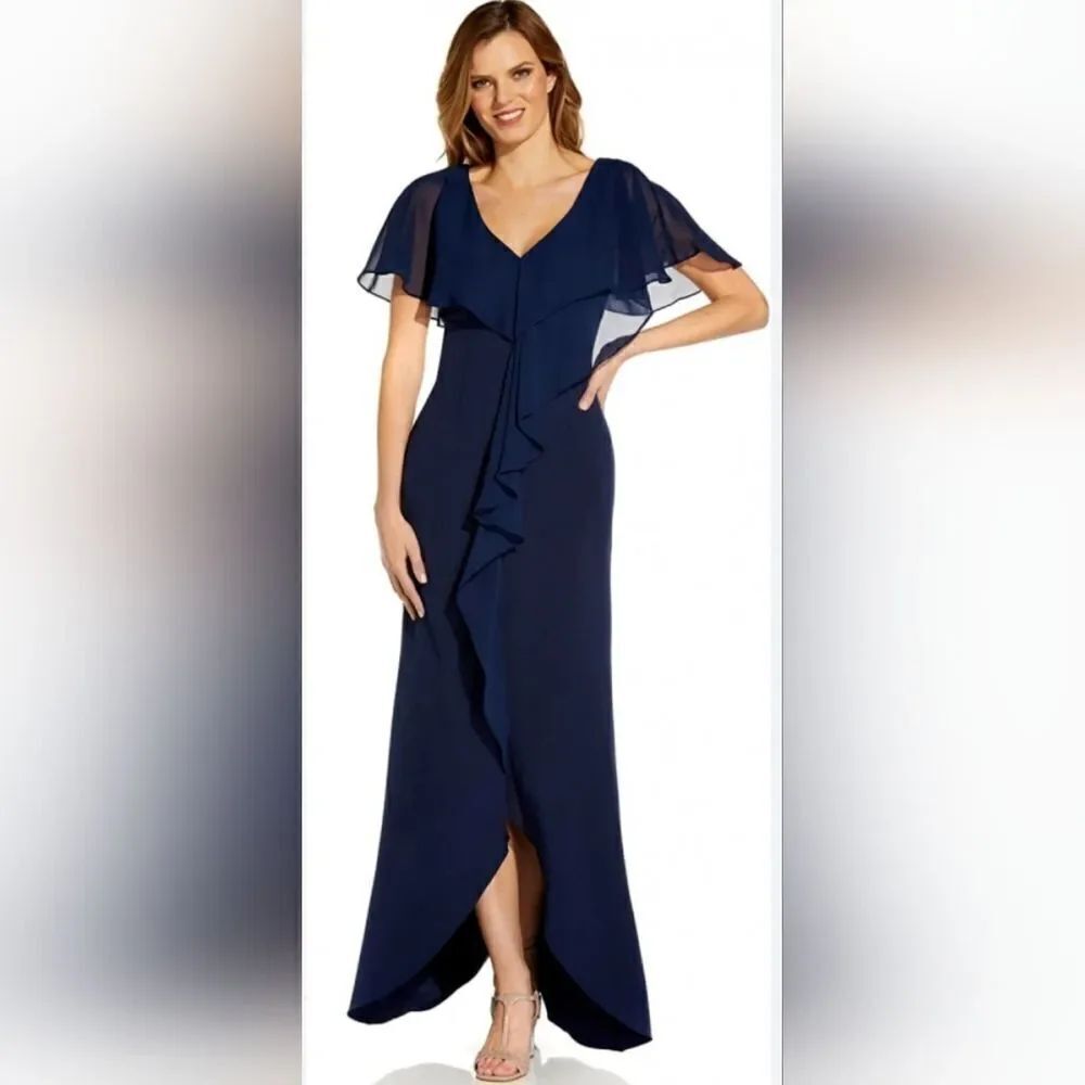 Adrianna Papell Crepe and Chiffon Flutter Sleeve Cascade Gown NWT size 6 Blue